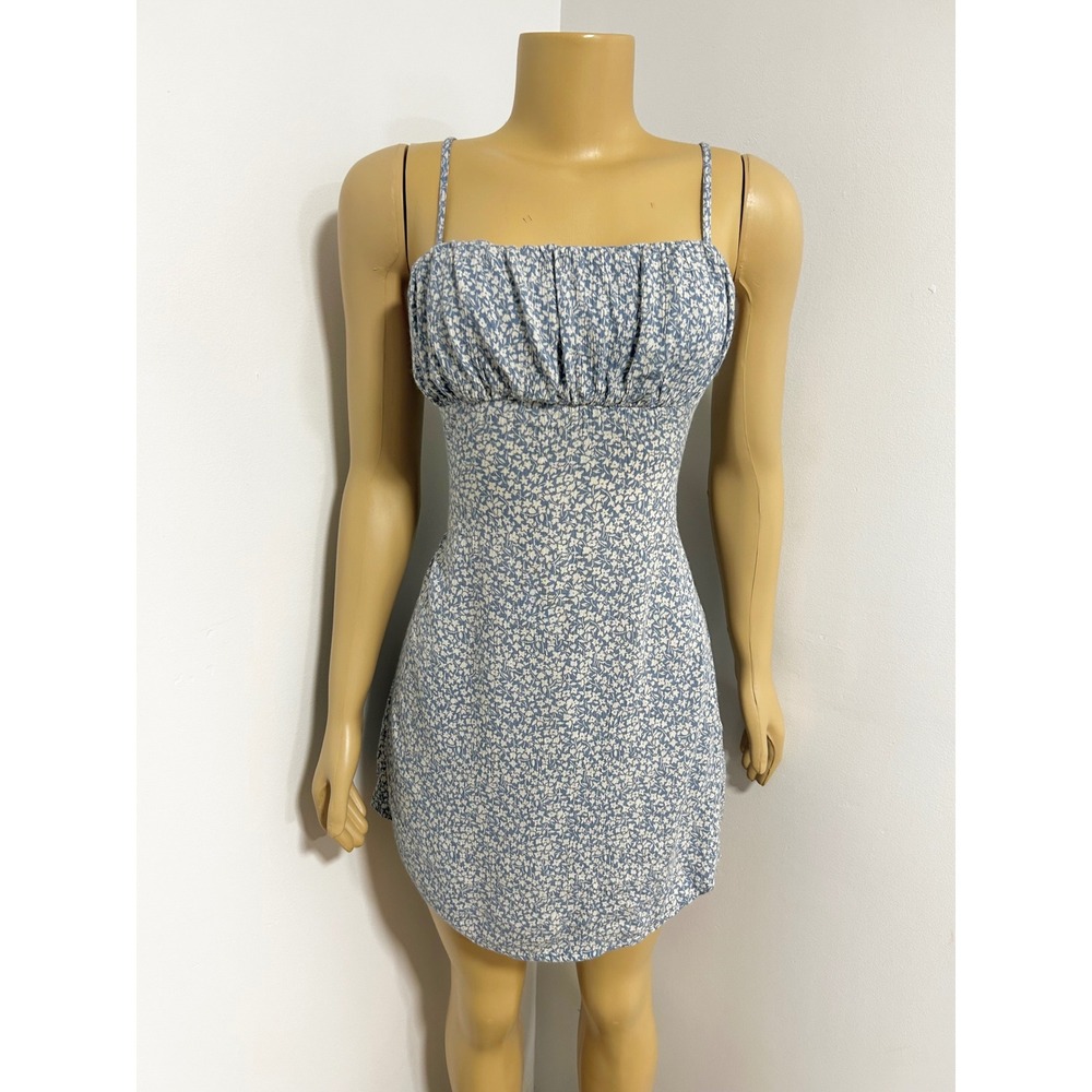 Billabong Blue Floral Ditsy Mini Dress Ruched Bust Tie Back Size S